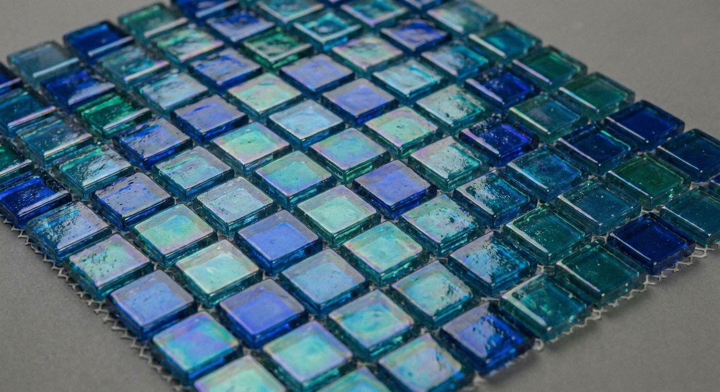 Glossy glass mosaic tile on a mesh sheet.