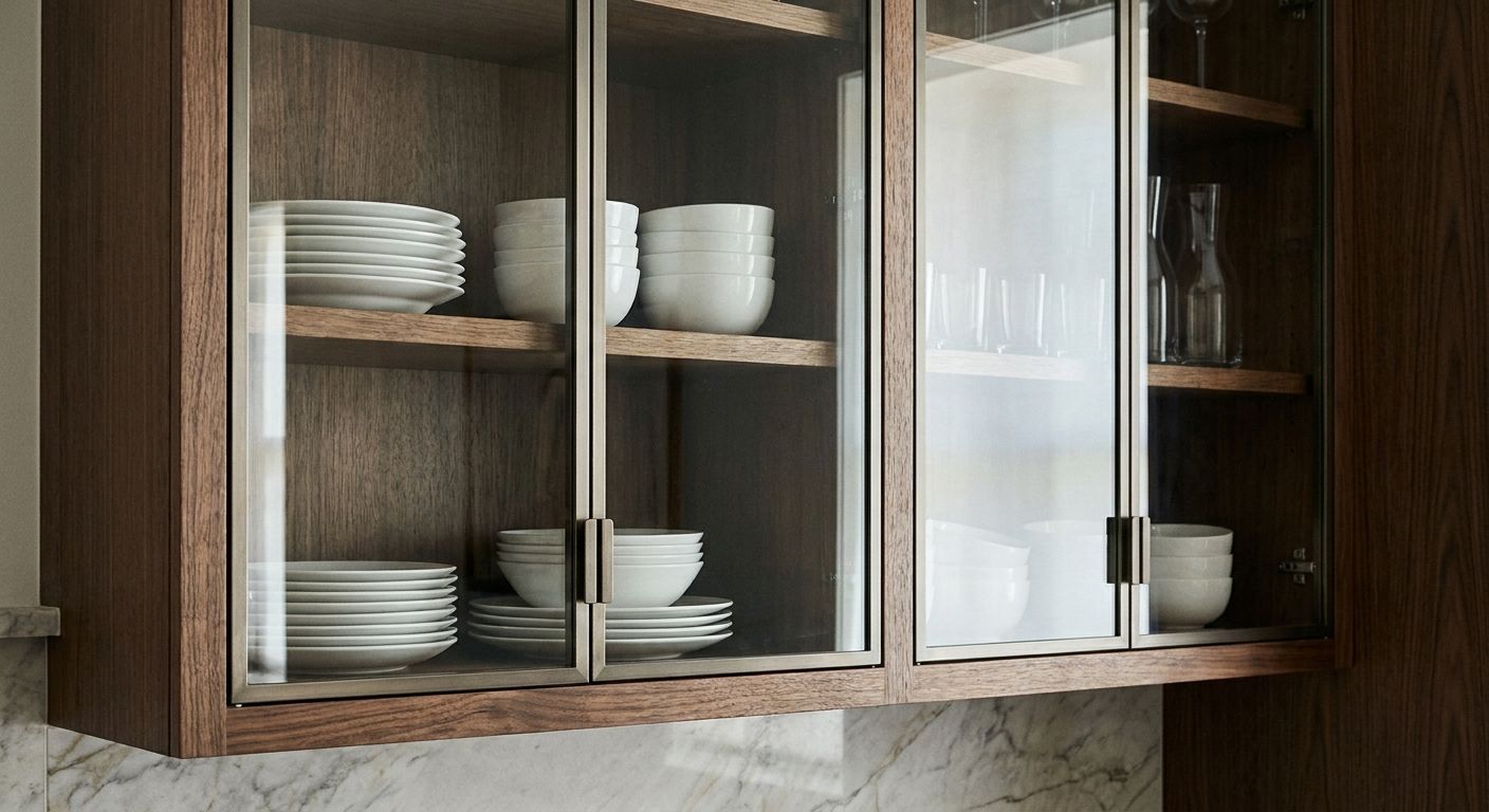 Glass-front upper cabinet — show off dishware; great as accent uppers.