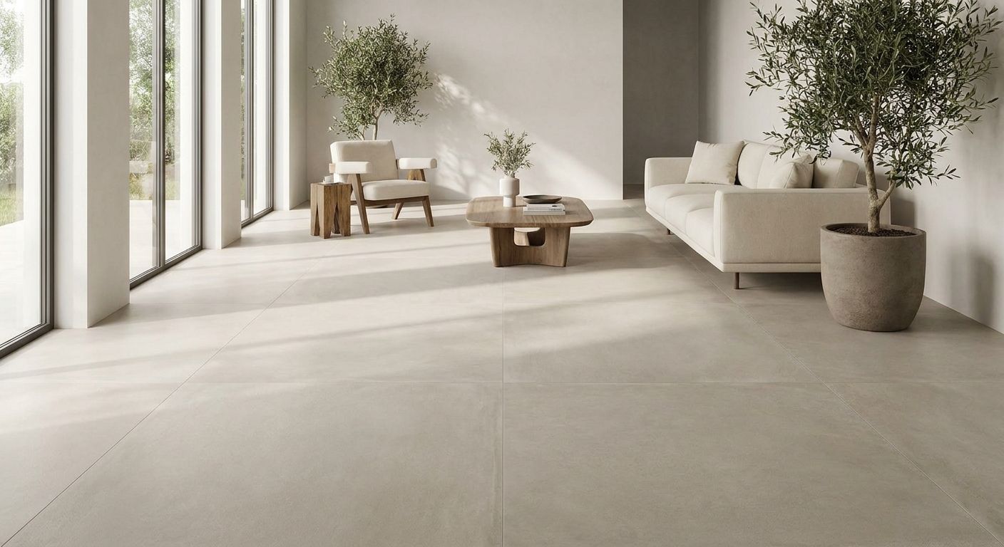 Large-format porcelain floor tile with minimal grout lines.