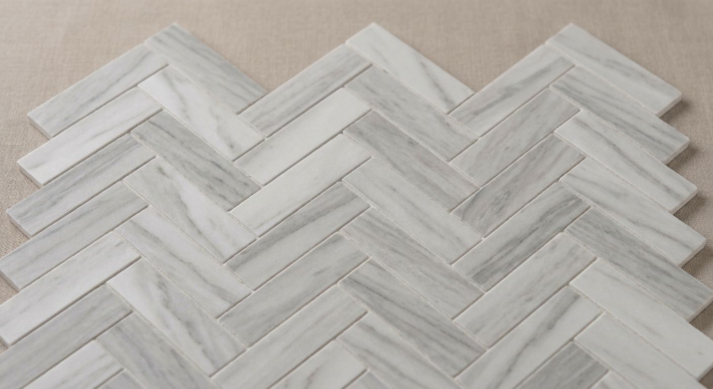 Marble-look tile in a herringbone pattern.