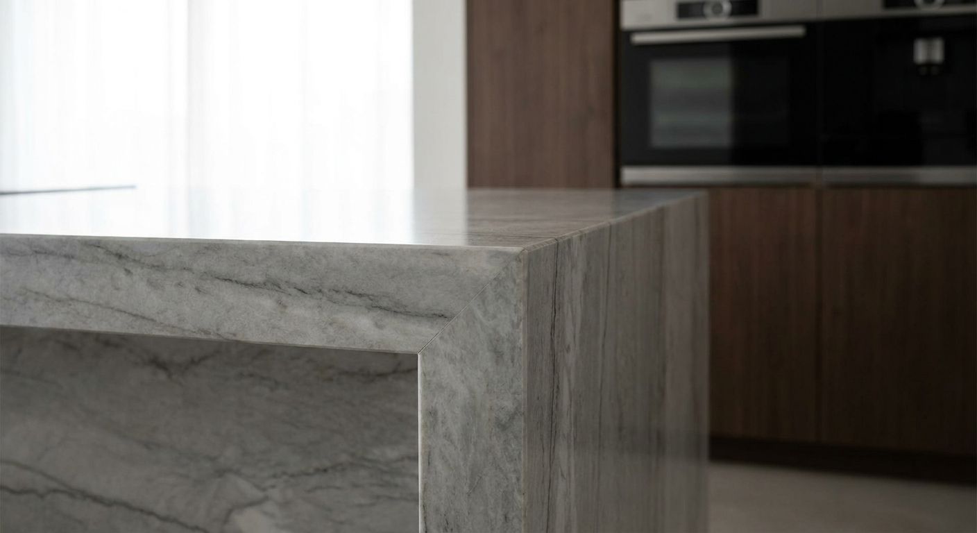 Mitered waterfall countertop corner where two slabs meet.