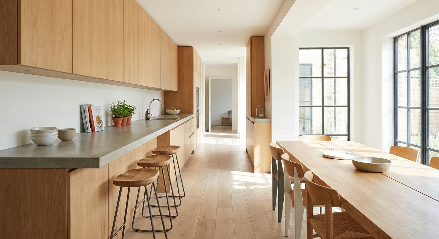 Galley kitchen opened to the dining room