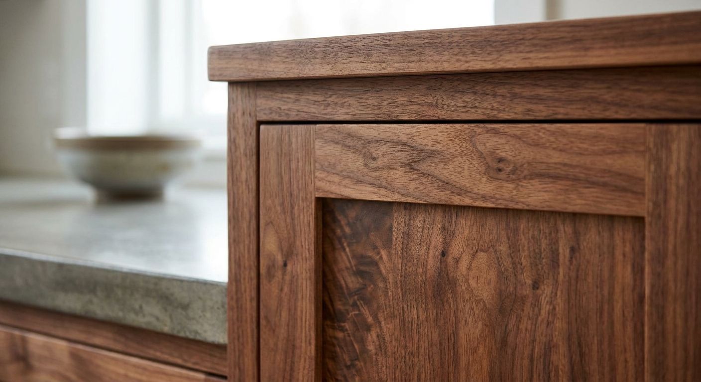 Solid wood cabinets — durable and refinishable; oak, maple, cherry, walnut.