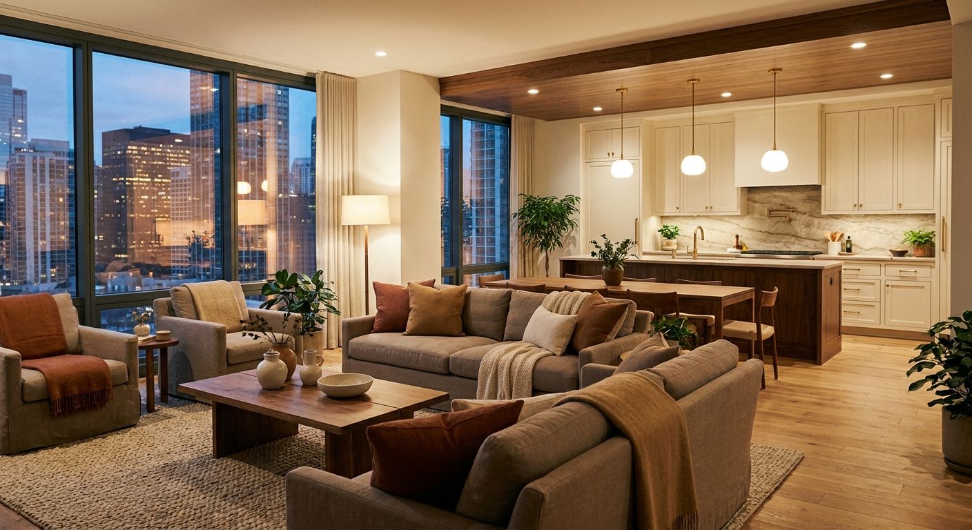 Warm-style remodeled Chicago condo living and kitchen space with wood tones and a city view.