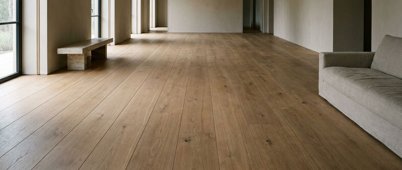 Wide-plank wood flooring with long continuous planks.