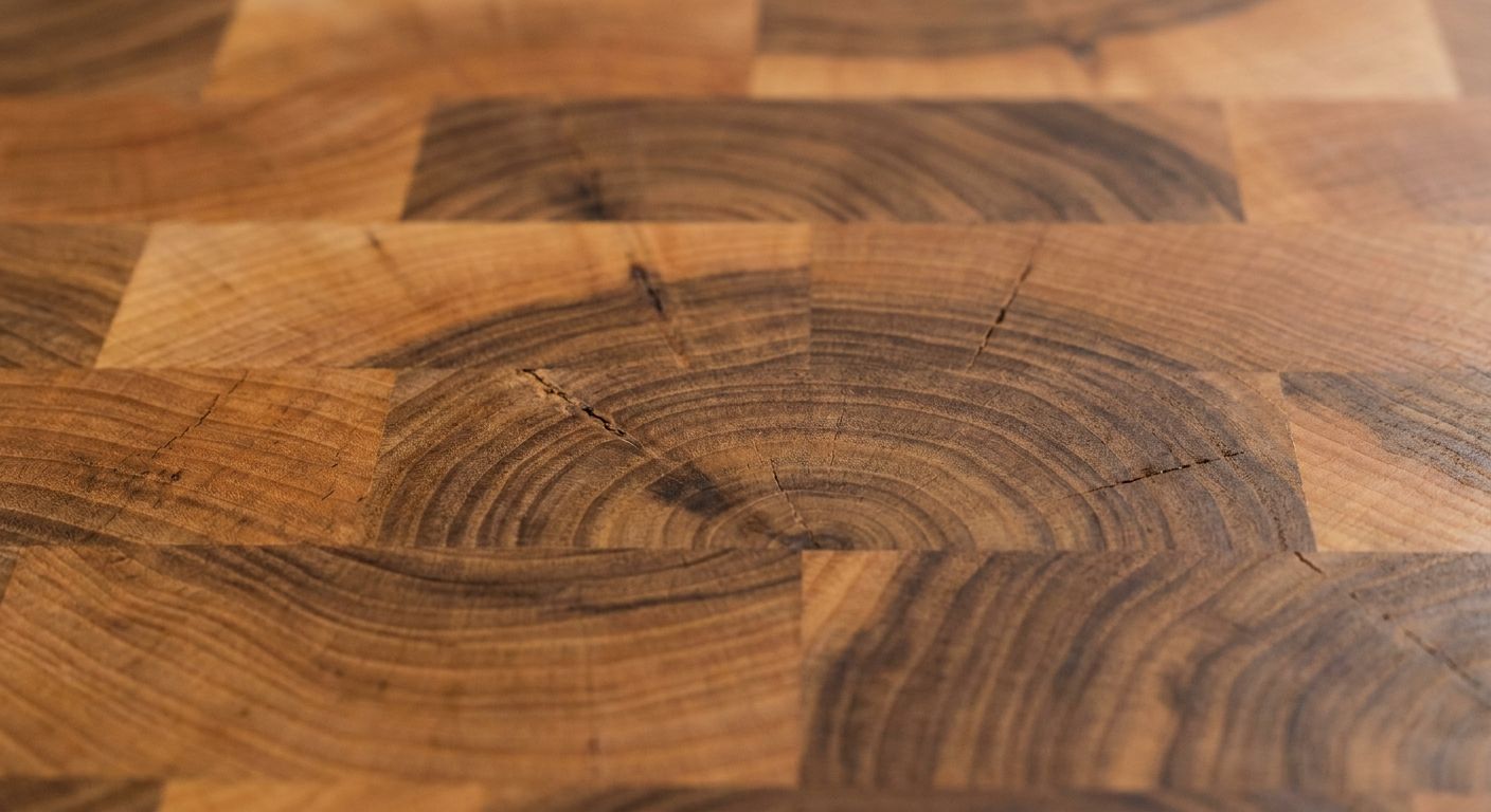 Warm wood butcher block countertop surface.