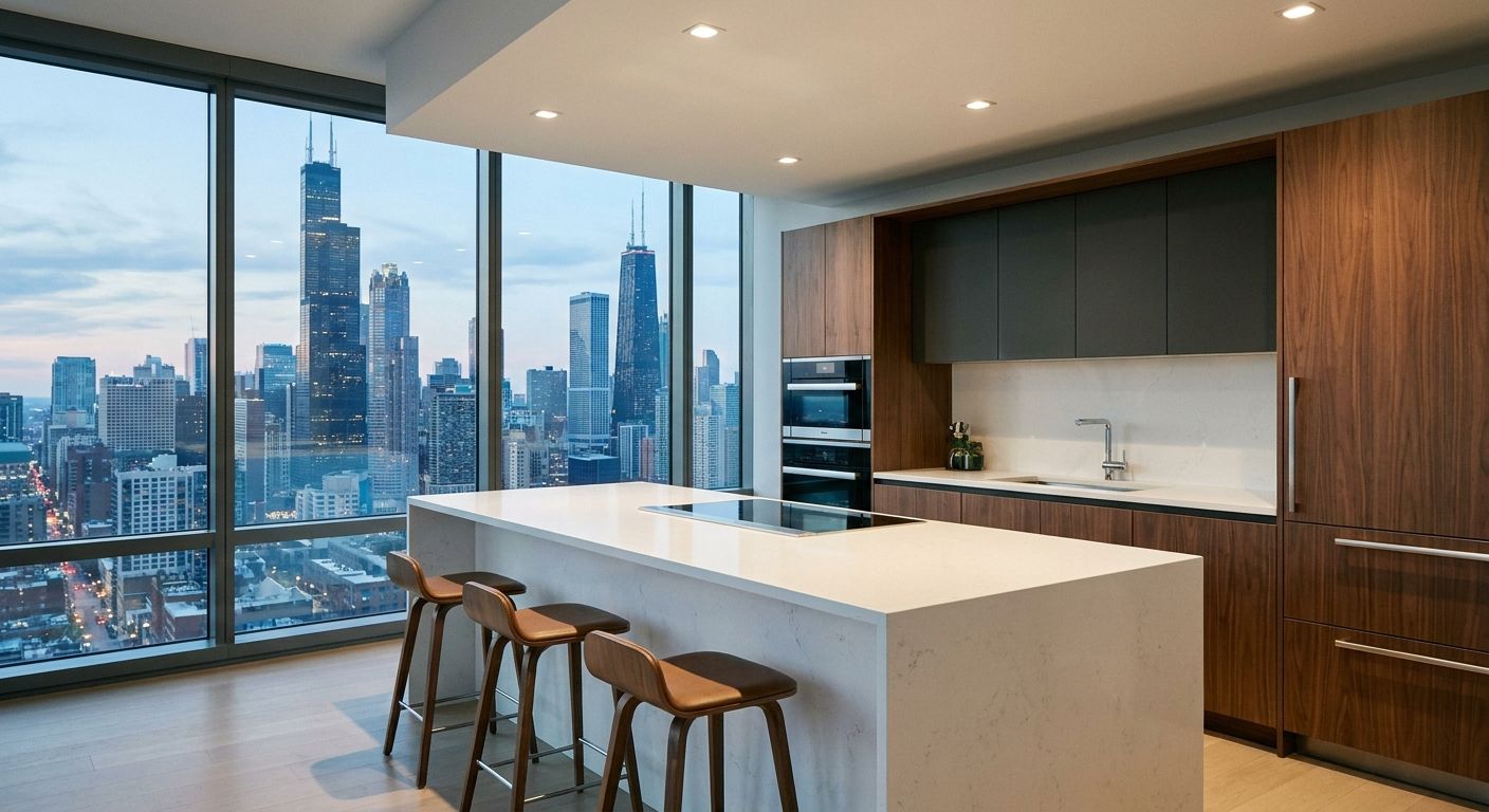 High-rise condo kitchen with city views