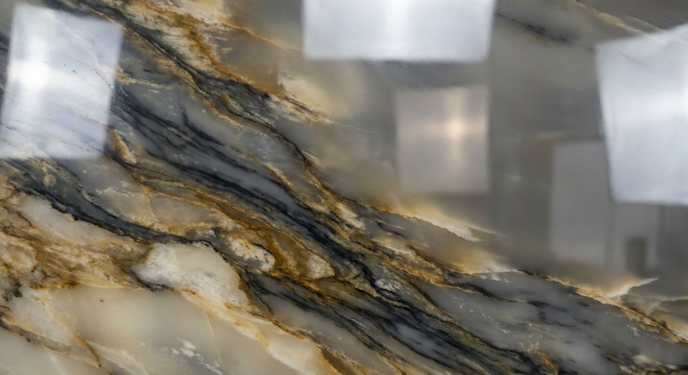 Quartzite countertop with bold natural veining.