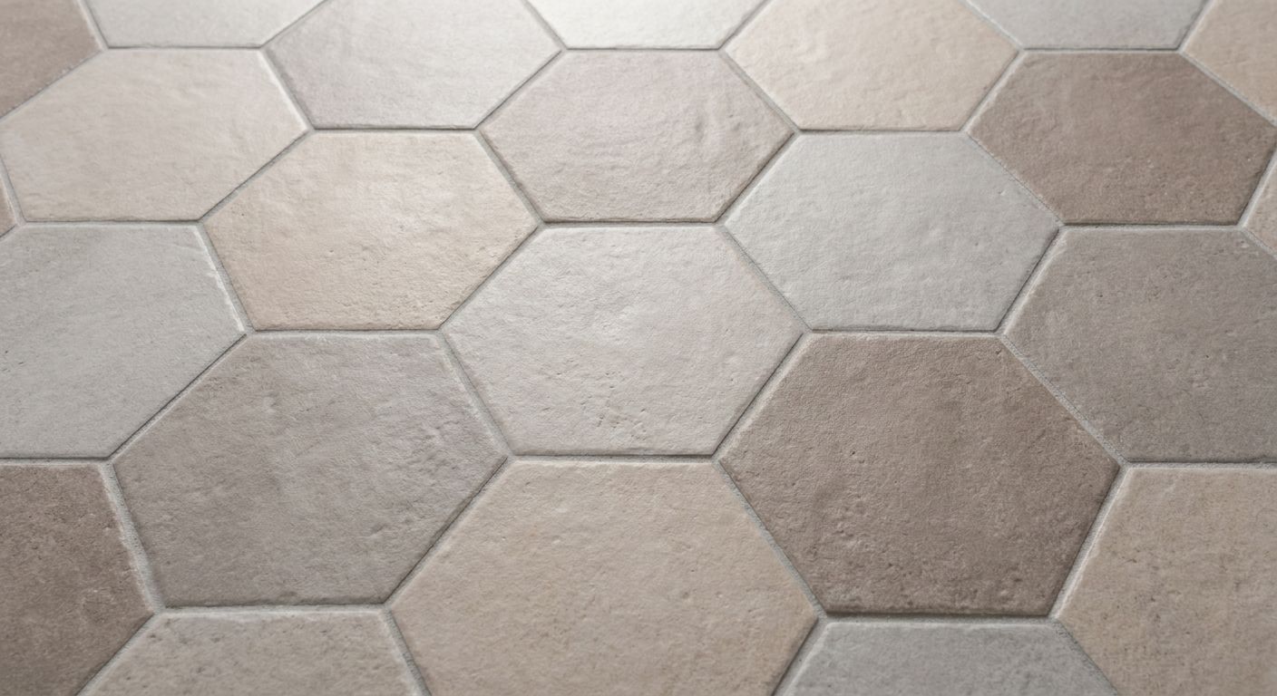 Hexagon floor tile in a honeycomb layout.