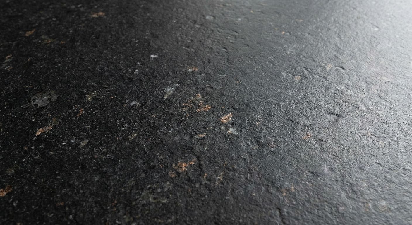 Leathered-finish black granite countertop with a matte texture.
