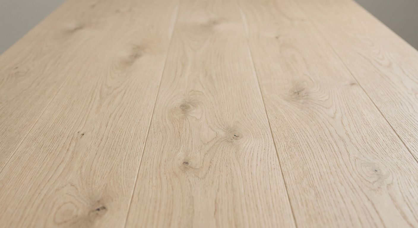 Light oak wide-plank wood flooring with a pale natural finish.