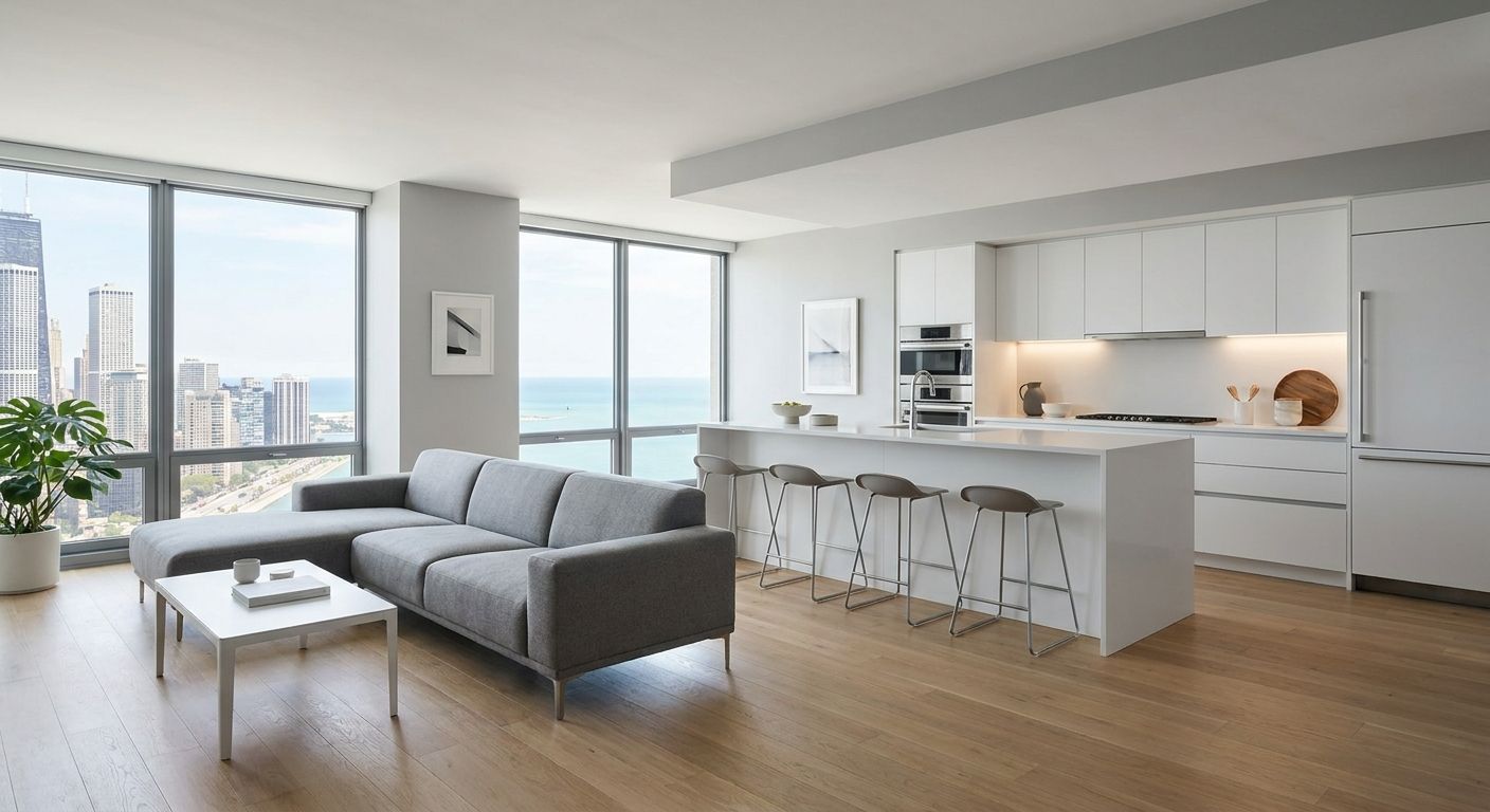 Modern-style remodeled Chicago condo living and kitchen space with a city view.