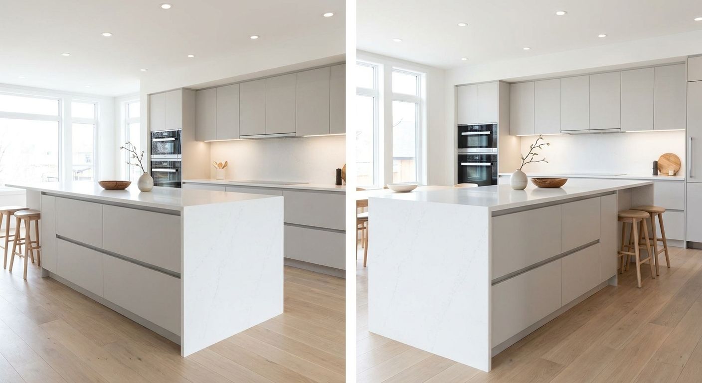 Kitchen island with a white waterfall-edge quartz countertop.