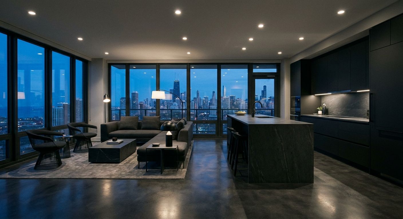 Sleek dark contemporary-style remodeled Chicago condo living and kitchen space with a dusk city view.